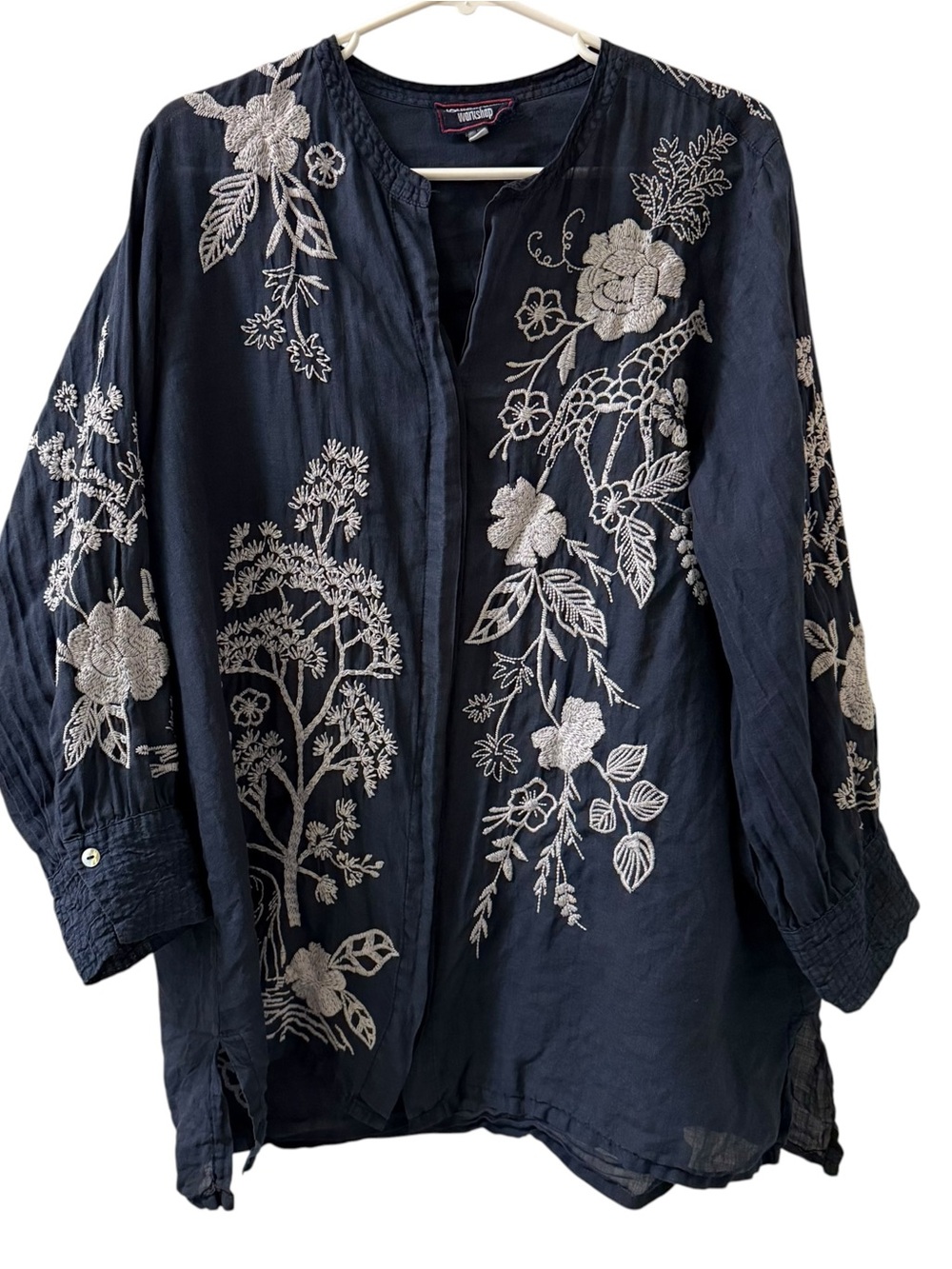 Johnny Was Osiris Voyager Navy Button-Down Shirt White Floral Embroidery - Picture 2 of 6